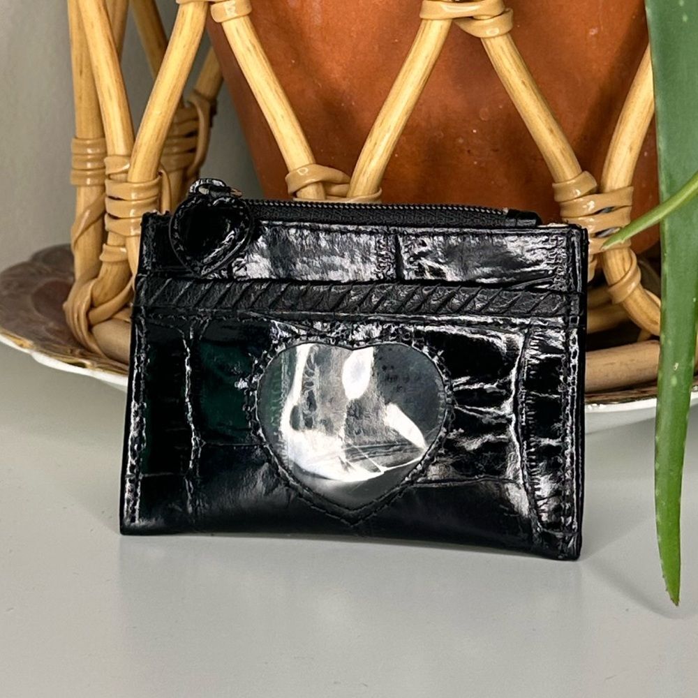 Brighton Croc-Embossed Compact Travel Wallet Black Zip Pouch Heart Window Gift